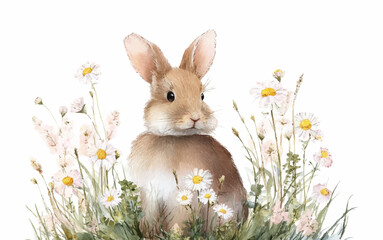 Fototapeta premium Watercolor illustration of a rabbit with wildflowers in a spring meadow. Cute rabbit surrounded by daisies and grass and wildflowers. Symbol of Easter and spring.