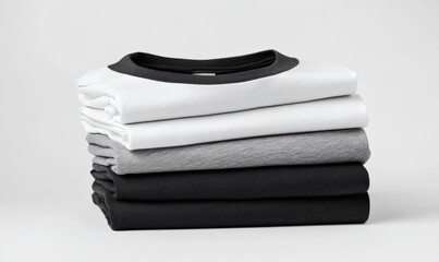 Stacking pile of folded blank black, grey, gray, and white t-shirts with a round neck and a white background cutout. A mockup template for graphic design artwork,
