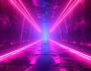 Futuristic tunnel bathed in neon pink and blue light, leading to an illuminated opening