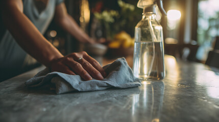 Hand Cleaning Kitchen Counter with Spray Bottle Nearby.
