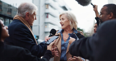 Politician, woman or talk with reporter for election announcement, campaign opinion or reaction. Mature person, mayor candidate or media for politics discussion, question or PR statement in New York.
