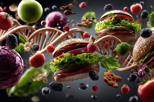 Creative representation of food blending with DNA structure in a colorful display