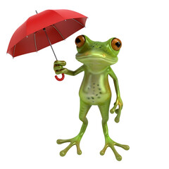 Fototapeta premium Whimsical 3d frog character holding a red umbrella