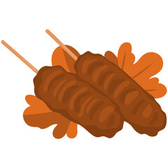Two Sausage Corn Dogs on Sticks with Autumn Leaves Background