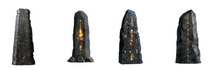Four views of a dark, textured obelisk with glowing cracks isolated on transparent background, showcasing its unique design and mysterious allure