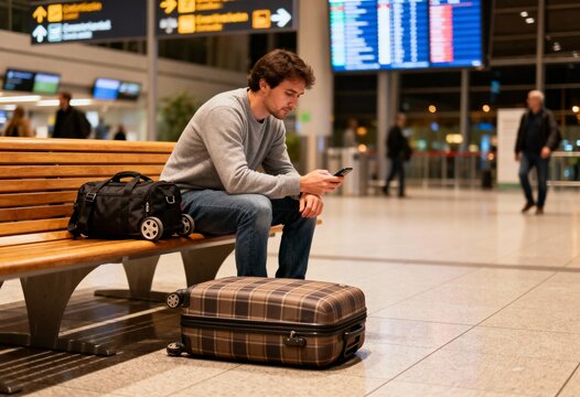 modern airport interior with solo traveler resting in boarding area