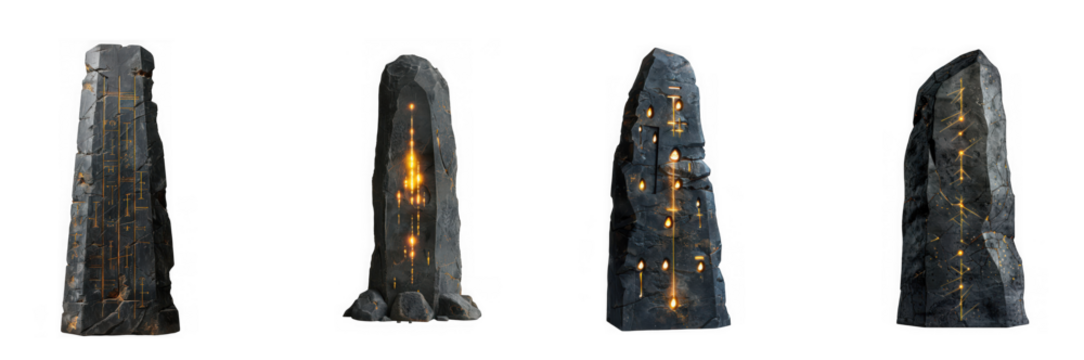 Four views of a dark, textured obelisk with glowing cracks isolated on transparent background, showcasing its unique design and mysterious allure