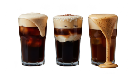 Three glasses of iced coffee with cream foam isolated on transparent background, offering a refreshing and visually appealing beverage option for coffee lovers and cafe enthusiasts