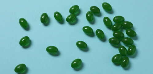 Pills in blister packs on a color background, banner
