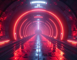 Futuristic tunnel bathed in red neon light, long corridor with reflecting surfaces