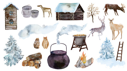 Christmas, winter, vector set. Watercolor cozy winter elements. , holiday.