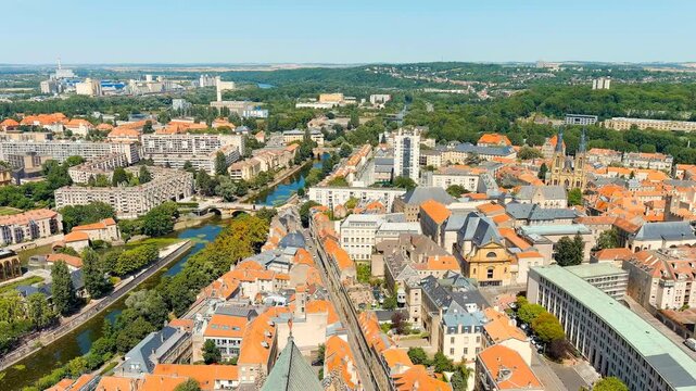 Metz, France. Metz Cathedral. View of the historical city center. Summer, Sunny day. Drone footage, Departure of the camera