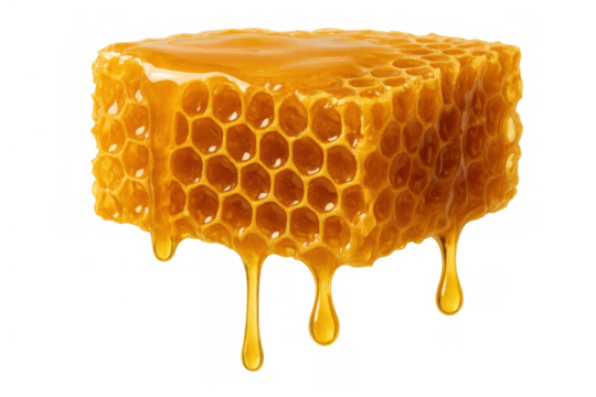 Golden honey dripping from a natural honeycomb slice for sweet food, healthy eating, and bee product concepts