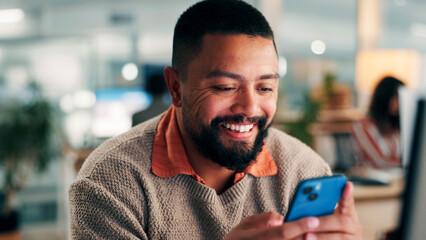Media agency, internet and man with smile, smartphone and typing with online comedy video. Person, mobile user and journalist with cellphone, funny meme and email for schedule, app and communication