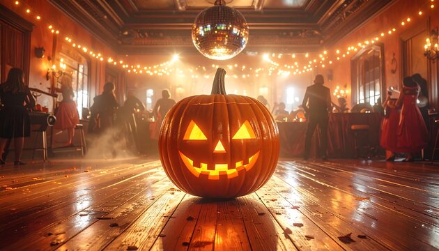 Lit jack-o'-lantern center stage in a vintage hall with revelers and string lights