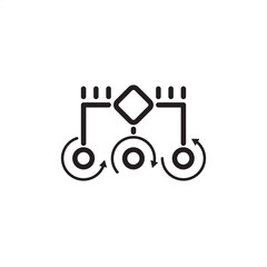 Process modeling icon. Features a flowchart with a decision diamond and looping arrows. Workflow automation, business process management (BPM), industrial optimization, and digital transformation.