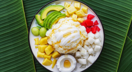 Refreshing Es Teler with Fresh Tropical Fruits Served on a Banana Leaf