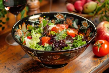 Fresh mixed green salad with cherry tomatoes and herbs in a decorative bowl, served on a rustic wooden table next to a glass of red wine