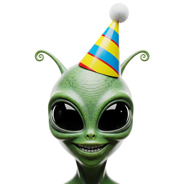 Friendly alien wearing party hat festive celebration character