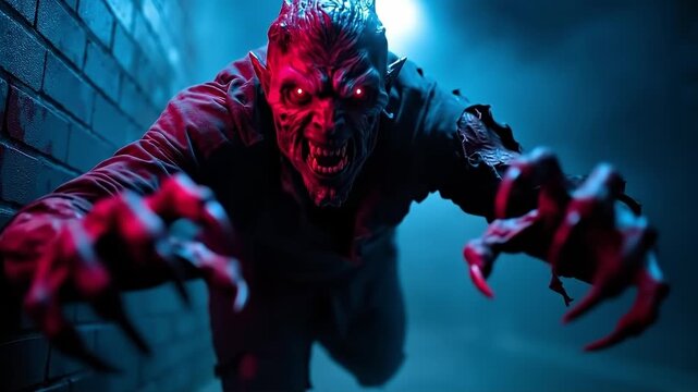 A man in a dark room with red glowing hands and claws