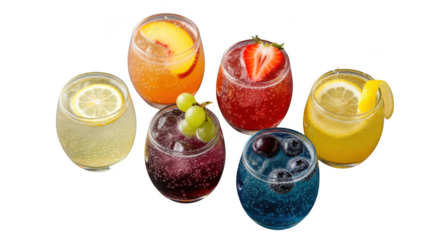 A vibrant assortment of fruitinfused sparkling drinks isolated on transparent background, perfect for summer refreshment and colorful beverage concepts with natural flavors