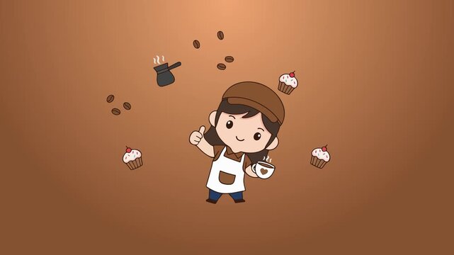 Cute Barista Girl with Coffee and Cupcakes Illustration.