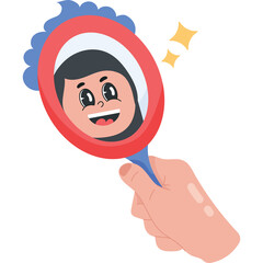 Hand Holding Oval Mirror Reflecting Smiling Face with Sparkles and Red Blue Frame Transparent Background Cartoon Art Style