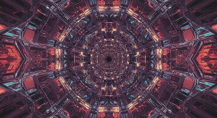 Futuristic tunnel perspective with complex geometric structures and vibrant colors
