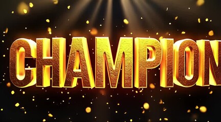 Glowing golden 3D text CHAMPION on a black background with dramatic spotlights and floating shimmering golden particles