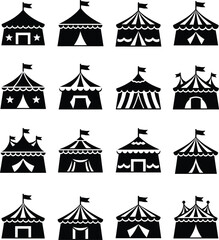 Fototapeta premium Classic Circus Tent with Flag and Open Entrance - Black and White Illustration.