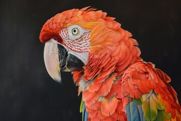 Obraz premium Close up portrait of a scarlet macaw parrot, highlighting the vibrant colors and details of its feathers against a dark backdrop