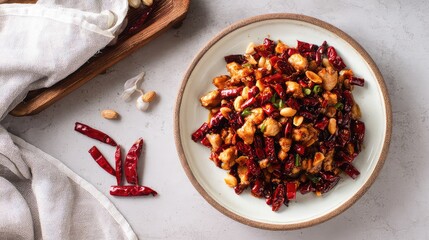Top view of a Cold Diced Rabbit with Chiles and Peanuts, Sichuan cold dish, diced rabbit cooked without rice wine