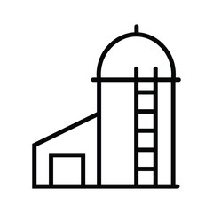 Black outline shows a classic grain silo with a side building on white background