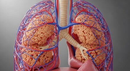 Detailed 3D visualization of a human lung, focusing on the intricate trachea and alveoli structure. This medical illustration is essential for healthcare education and anatomical study