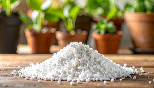 Heap of expanded perlite on wooden table, lightweight white granules for gardening and soil aeration
