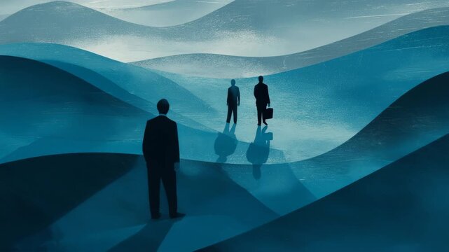 日本人のベテラン管理職が藍の波間で方針を見定める抽象表現