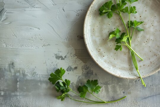 Fresh parsley sprigs arranged on a rustic plate and a textured surface, showcasing culinary herbs for flavor enhancement and garnishing