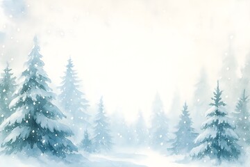 Watercolor Winter Pine Forest Banner with Snowy Hand Painted Trees