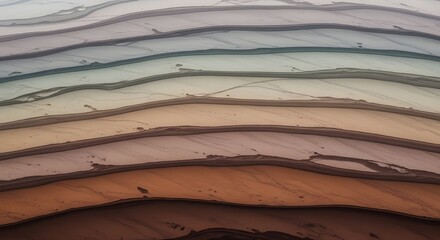 Abstract background resembling aerial views of layered geological formations or desert sand dunes, featuring wavy horizontal lines in muted beige, brown, and subtle grey tones.