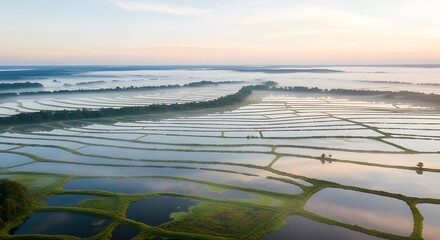 Stunning aerial view of vast, flooded rice paddies and fields covered in swirling morning fog or mist under a soft sunrise light. This image captures the tranquility of agriculture, Asian landscapes.