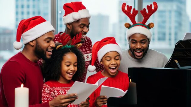 Joyful family singing carol together at christmas holiday by piano in cozy living room with candle sweater and santa hat multicultural parents children gathered singing together