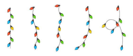 Set of bulbs on a string. Hanging light bulbs. Colorful light bulbs for decoration. Lights garland. Lights string decoration. Vector illustration