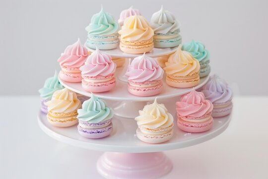Colorful macarons with pastel colored buttercream frosting are displayed on a white, two tiered cake stand