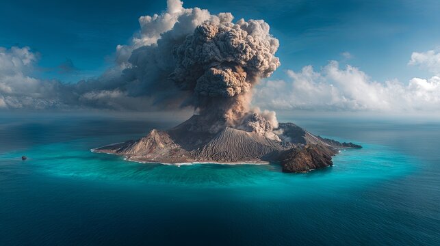 A volcanic eruption amidst the turquoise waters of the ocean