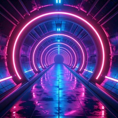 Futuristic tunnel with neon lights, reflections on the floor, and a glowing portal at the end