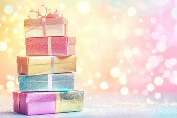 Festive Stack of Pastel Gift Boxes with Sparkling Bokeh
