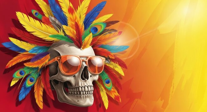"Stylized Human Skull Illustration with Vibrant Feather Mohawk, Bright Orange-Red Reflective Sunglasses, and Colorful Peacock Feathers for Fun, Festive, and Rebellious Artwork with Eye-Catching Design