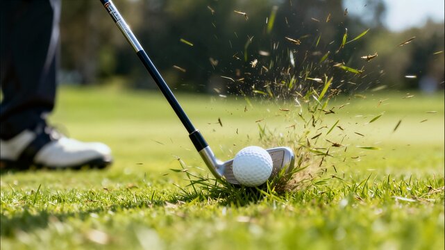 A close-up of a golf club hitting a ball, causing turf and grass to fly up, capturing the action and power of the swing.