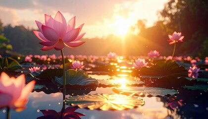 A serene pond filled with blooming pink lotus flowers and lily pads, bathed in the warm glow of a rising sun.
