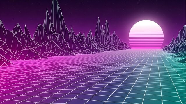 Retro synthwave landscape background with grid mountains and sun for digital wallpaper design